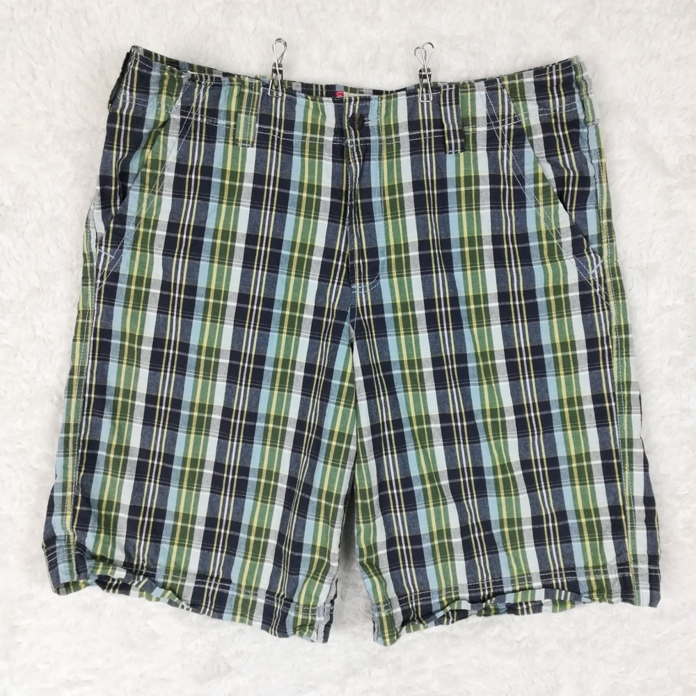 Mossimo Supply Co Mens Shorts Flat Front Blue Green Tartan Plaid Casual 40